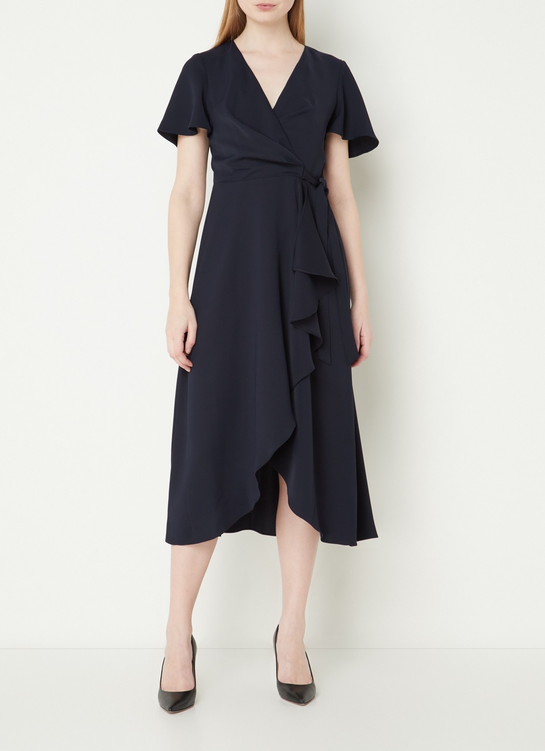 Phase Eight Julissa midi wikkeljurk met volant - voorkant 4 donkerblauw