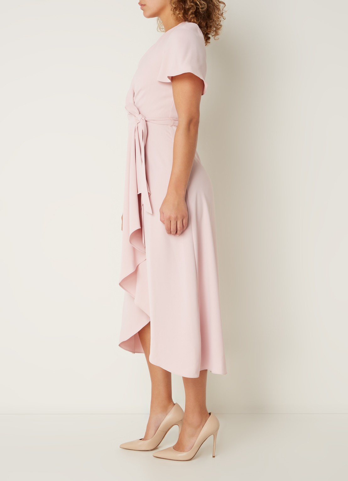 Phase Eight Julissa midi wikkeljurk met volant - voorkant 2 lichtroze