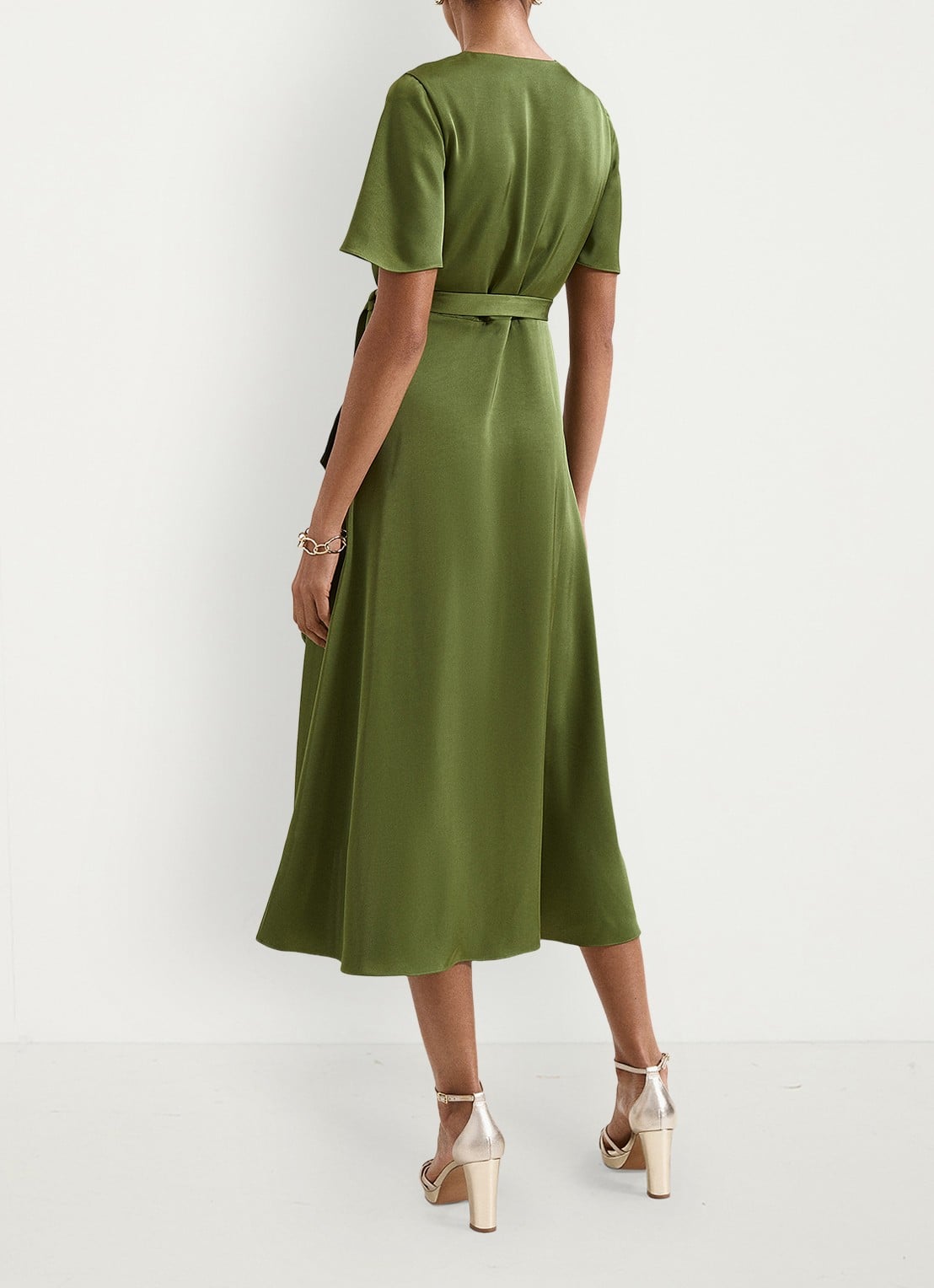 Phase Eight Julissa midi wikkeljurk van satijn - achterkant 3 khaki