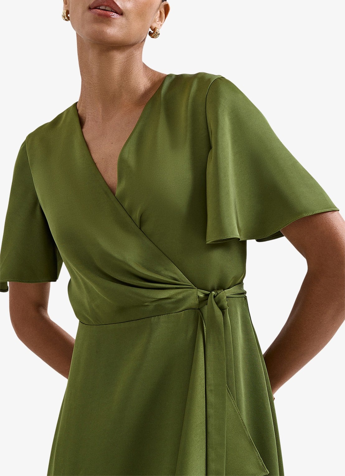 Phase Eight Julissa midi wikkeljurk van satijn - detail 5 khaki