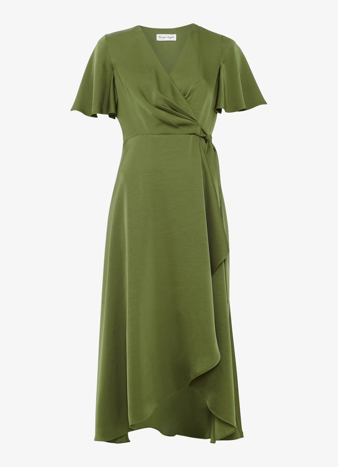 Phase Eight Julissa midi wikkeljurk van satijn - voorkant khaki