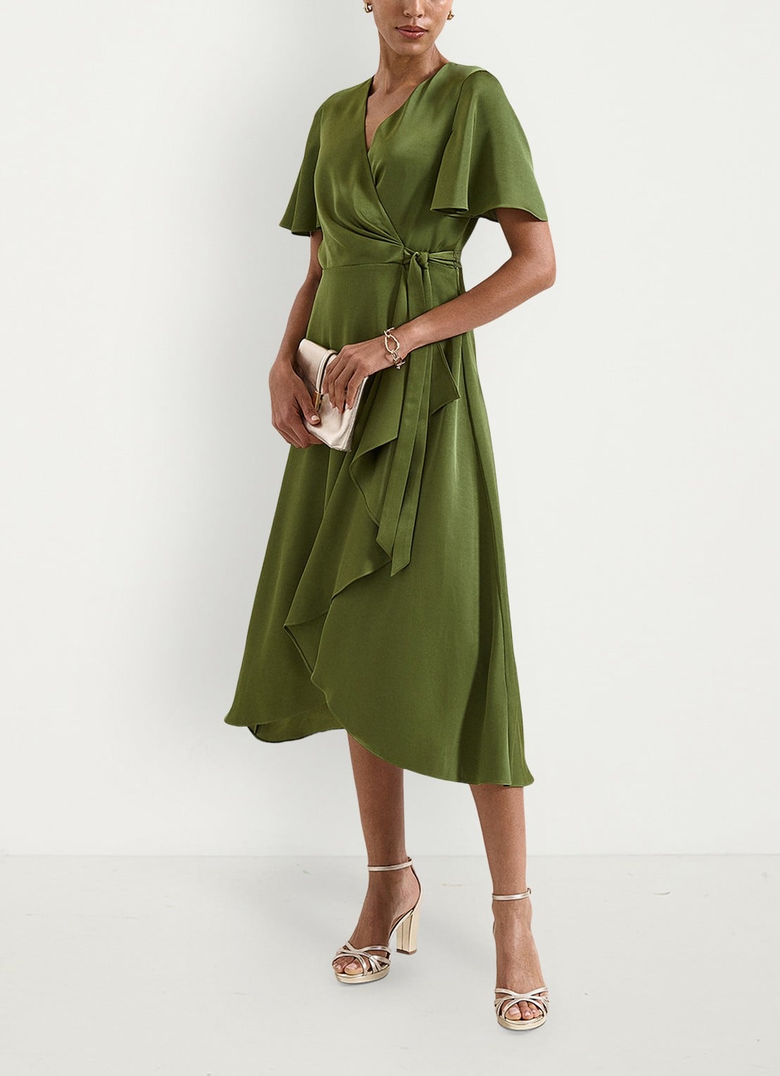 Phase Eight Julissa midi wikkeljurk van satijn - voorkant 2 khaki
