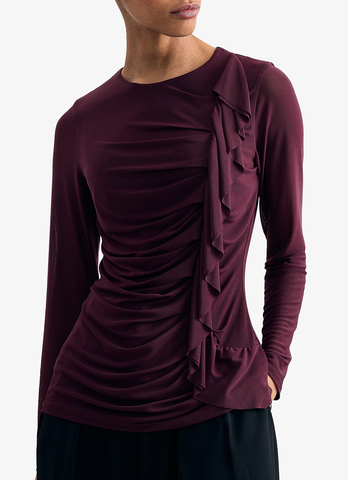 Phase Eight Kate top van mesh met ruches - detail bordeauxrood