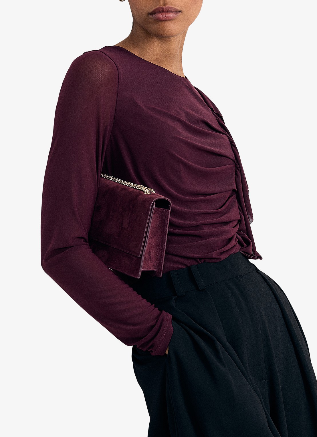 Phase Eight Kate top van mesh met ruches - detail 2 bordeauxrood