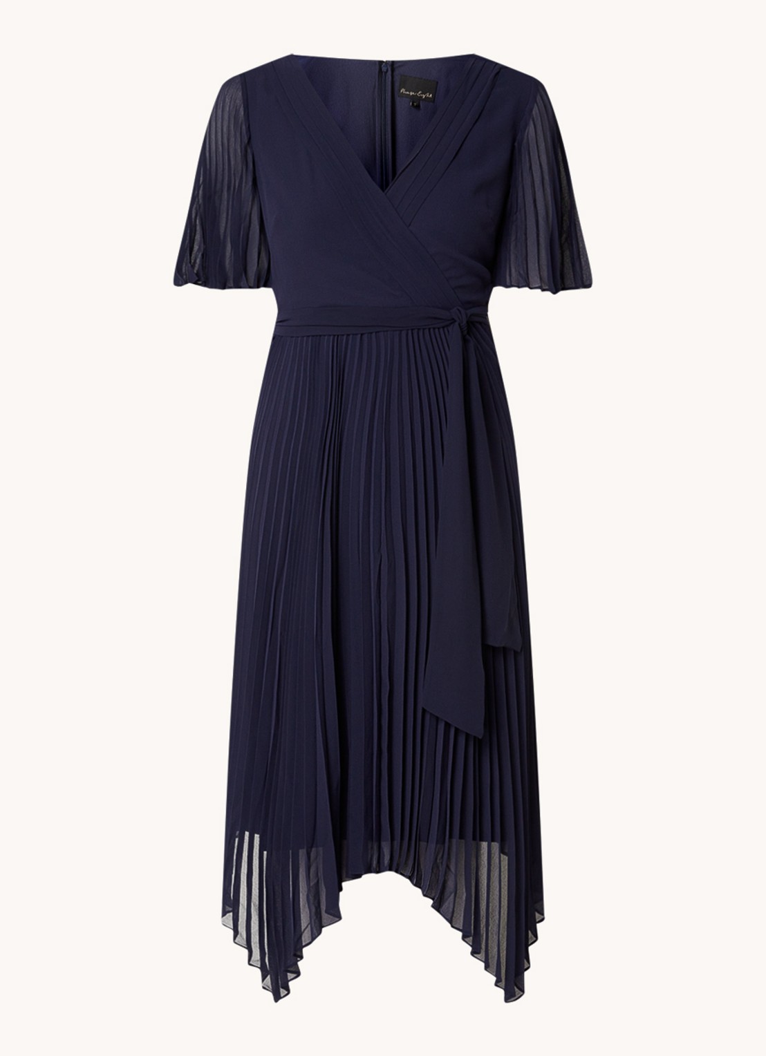 Phase Eight Kendall midi jurk met plissé en strikceintuur - voorkant 2 donkerblauw