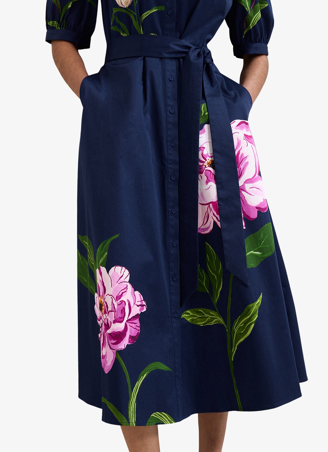 Phase Eight Kerrie midi jurk met bloemenprint en strikceintuur - detail 3 donkerblauw