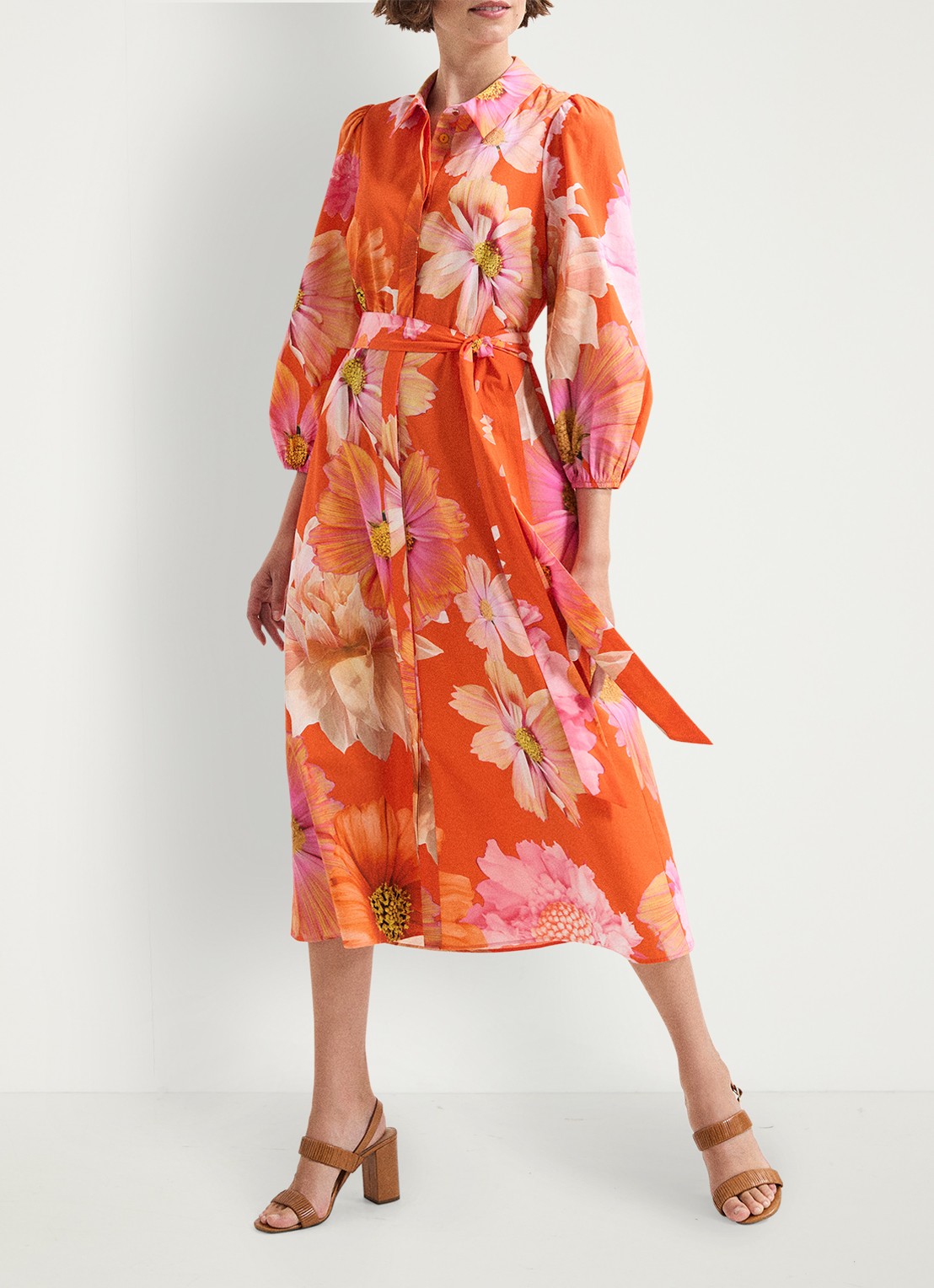 Phase Eight Kristina midi blousejurk met bloemenprint - voorkant 2 oranje