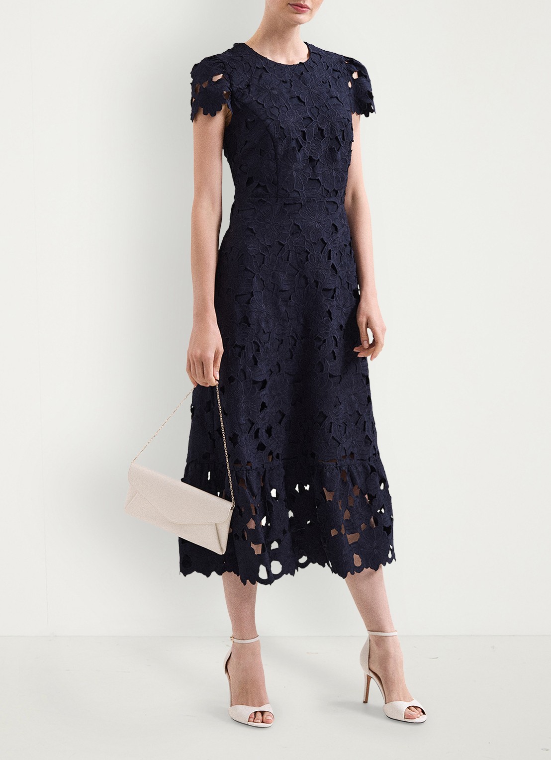 Phase Eight Leilani midi jurk van kant - voorkant 7 donkerblauw