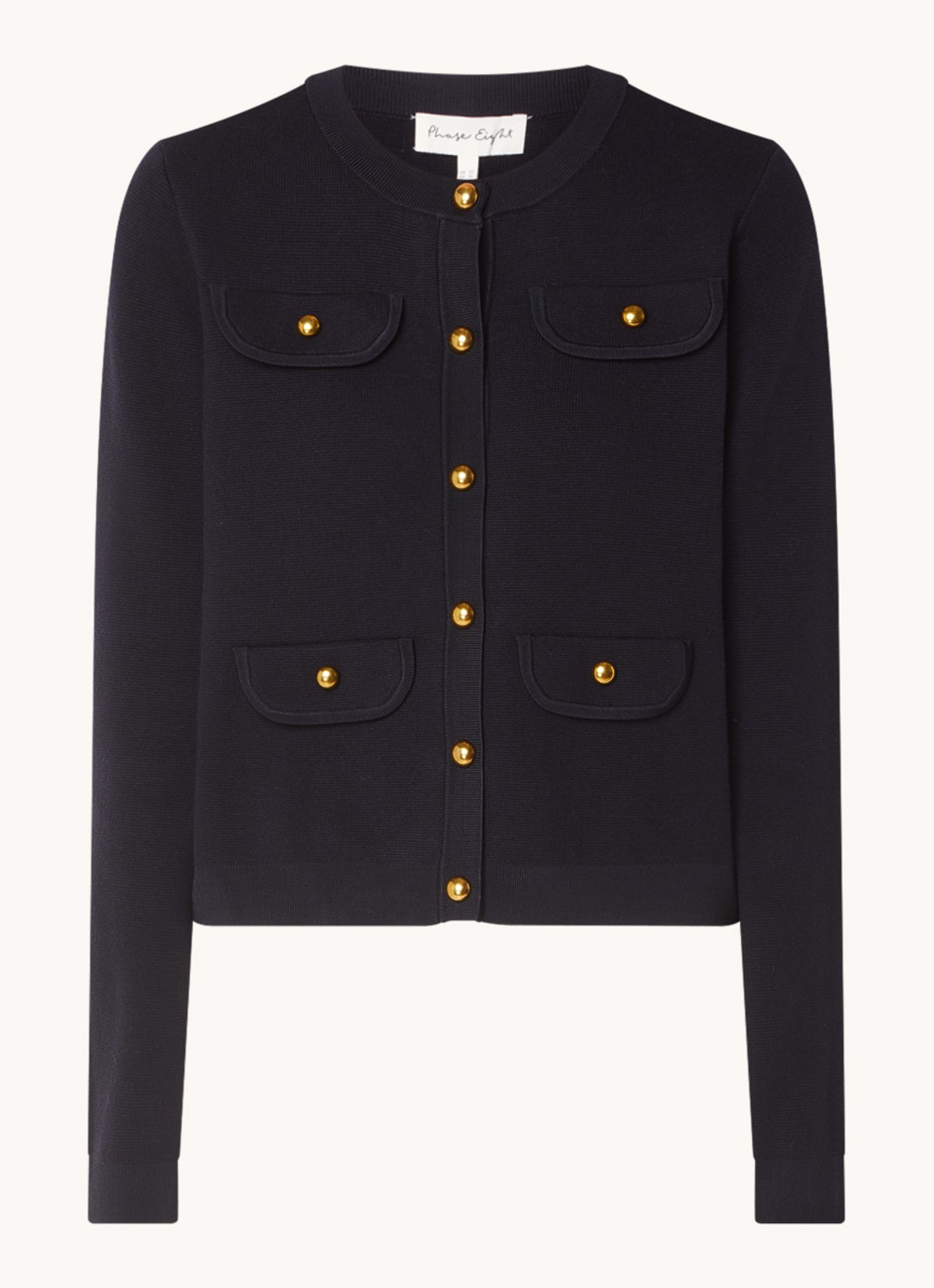 Phase Eight Libby fijngebreid vest met sierknopen - voorkant donkerblauw