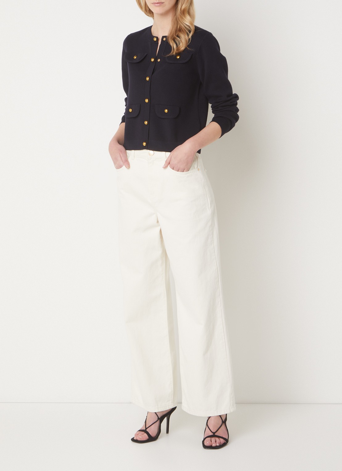 Phase Eight Libby fijngebreid vest met sierknopen - voorkant 2 donkerblauw