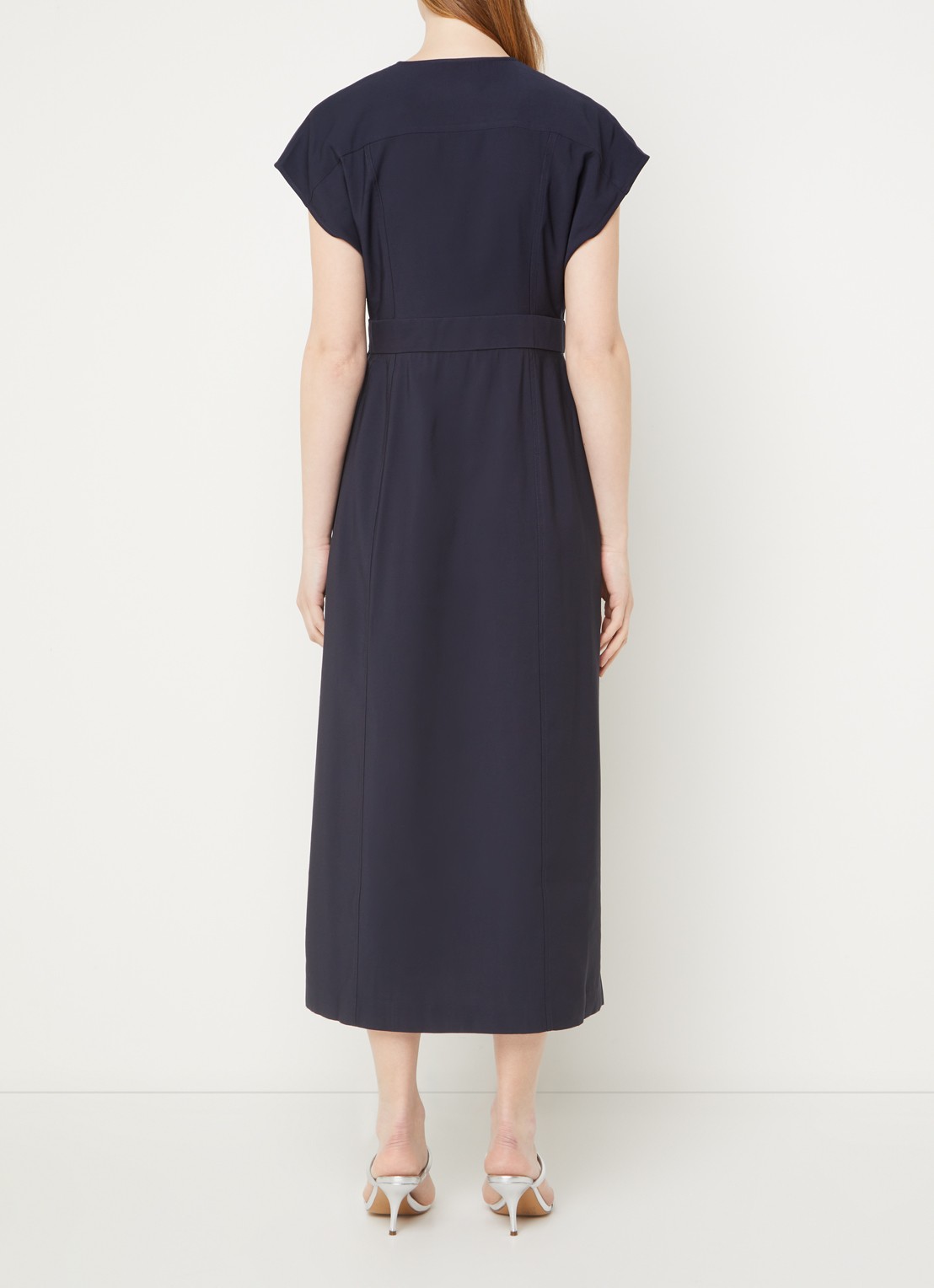 Phase Eight Liv midi wikkeljurk met V-hals - achterkant 4 donkerblauw