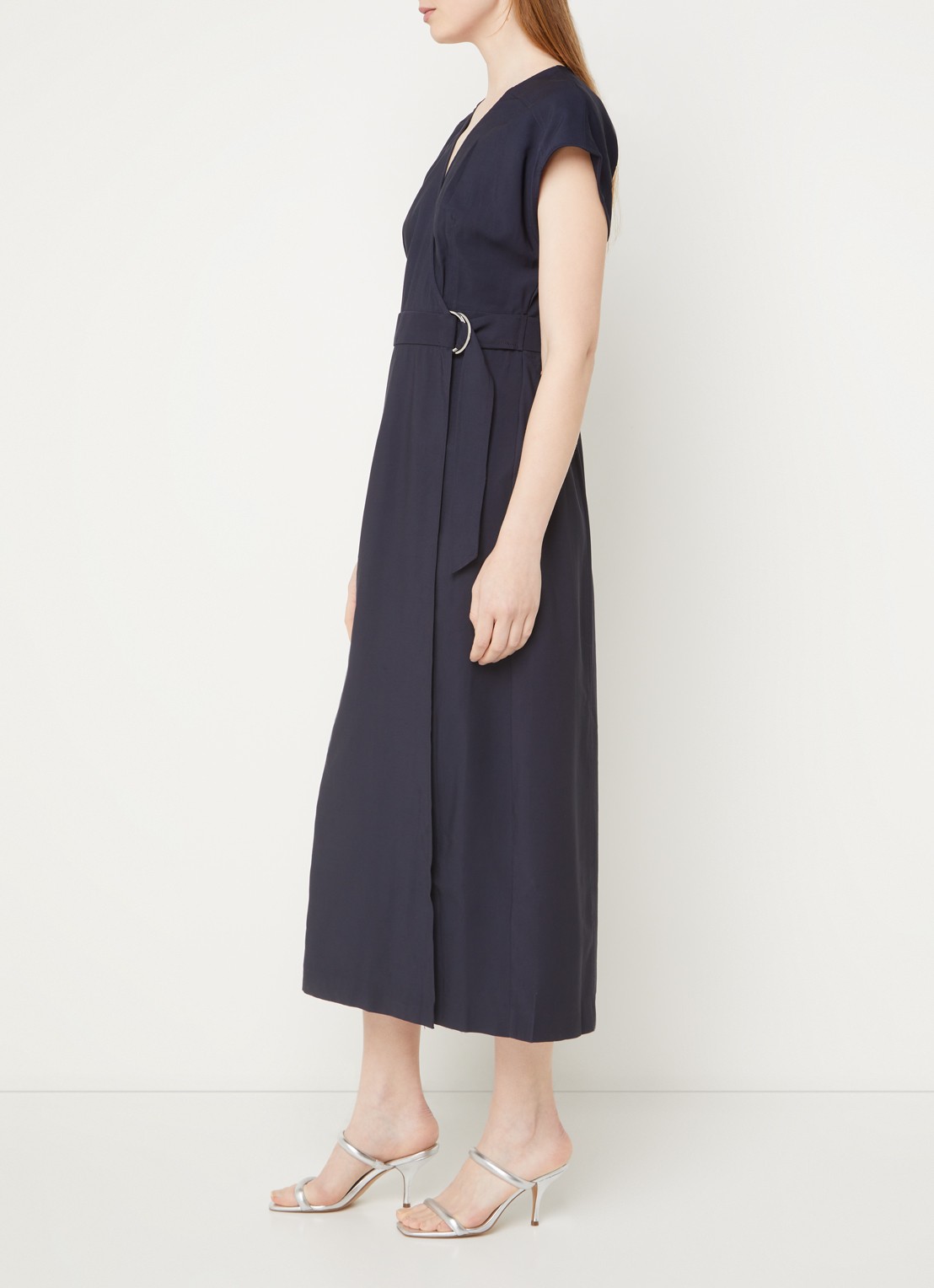 Phase Eight Liv midi wikkeljurk met V-hals - voorkant 3 donkerblauw