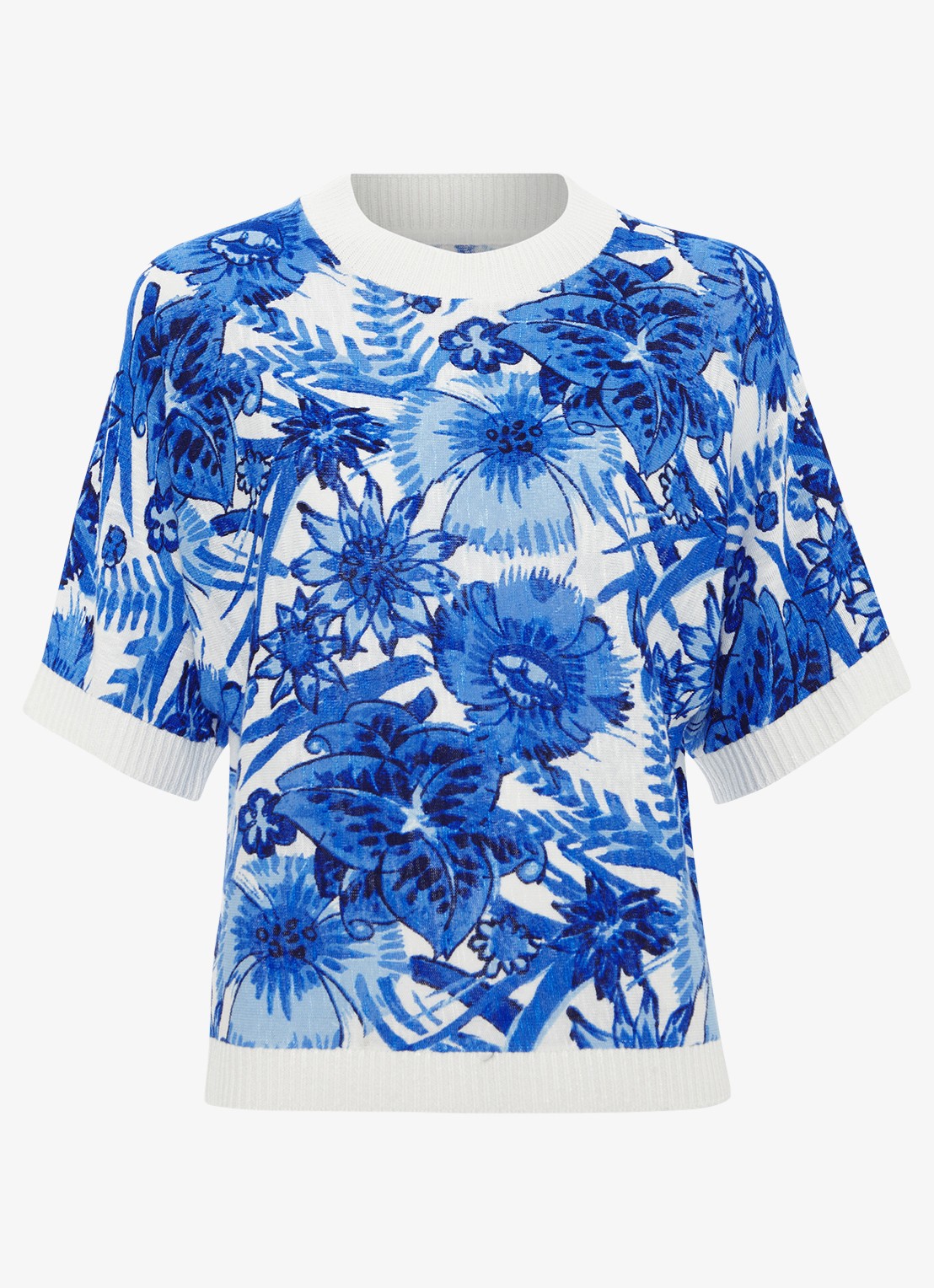 Phase Eight Lizzy fijngebreide top in linnenblend met bloemenprint - voorkant 7 blauw