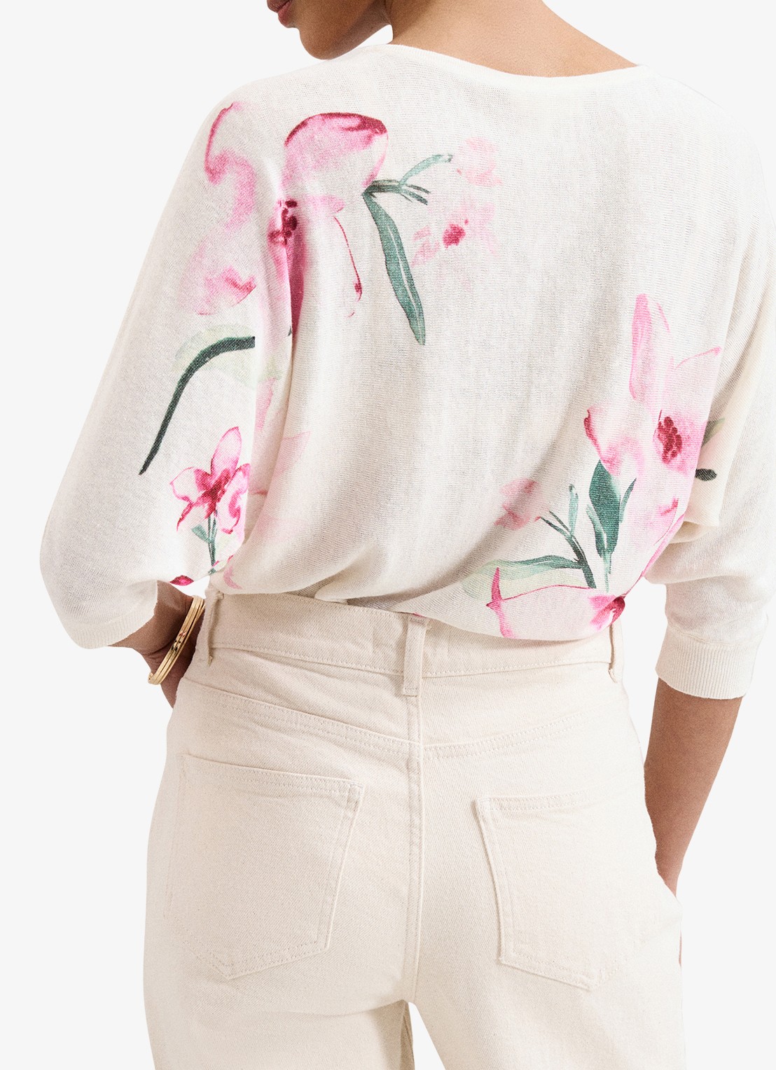 Phase Eight Lorelei fijngebreide trui in linnenblend met bloemenprint - achterkant 5 roze