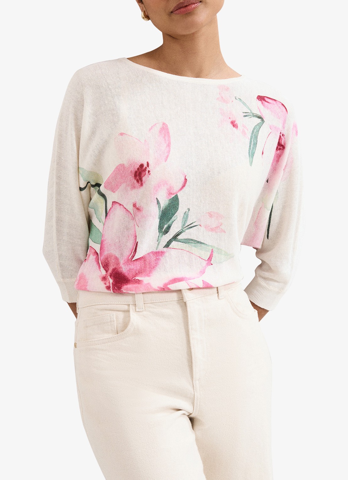 Phase Eight Lorelei fijngebreide trui in linnenblend met bloemenprint - detail roze