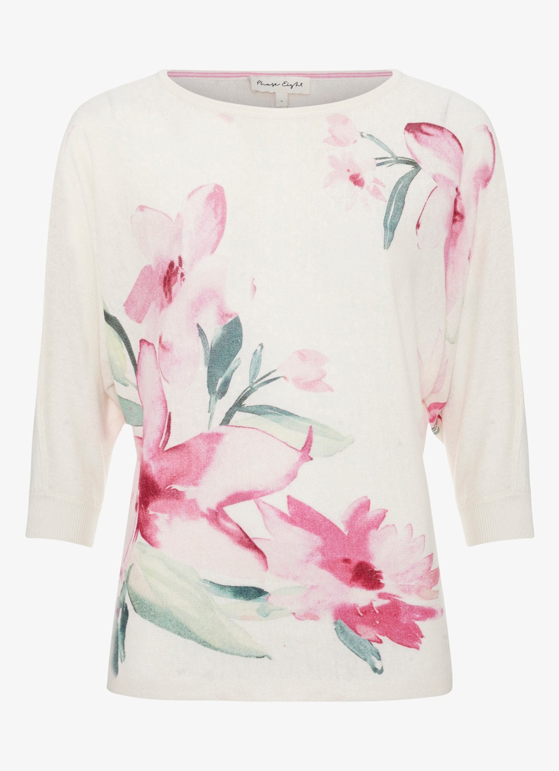Phase Eight Lorelei fijngebreide trui in linnenblend met bloemenprint - voorkant 6 roze