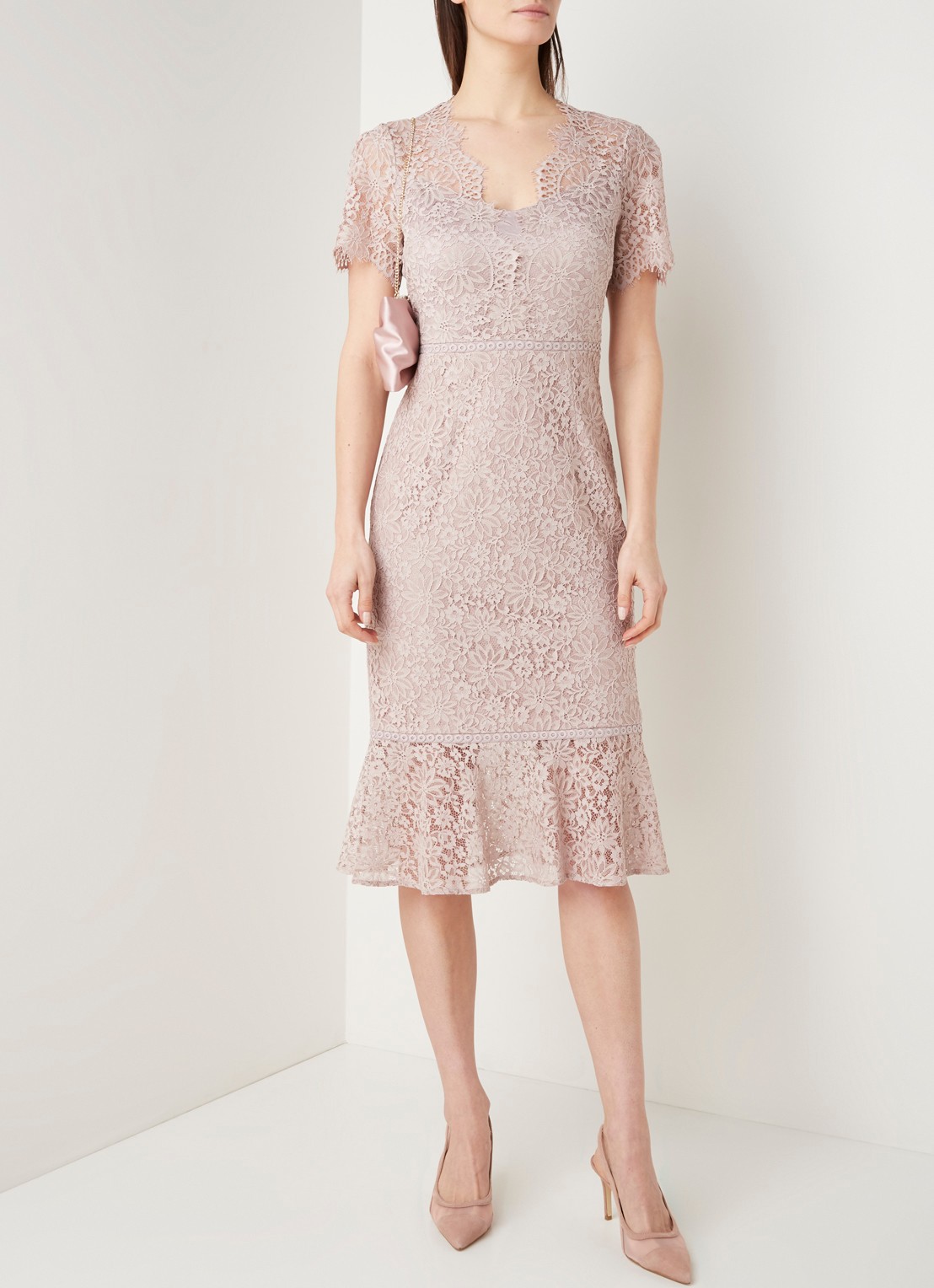 Phase Eight Lorella midi jurk van kant  - voorkant 4 oudroze