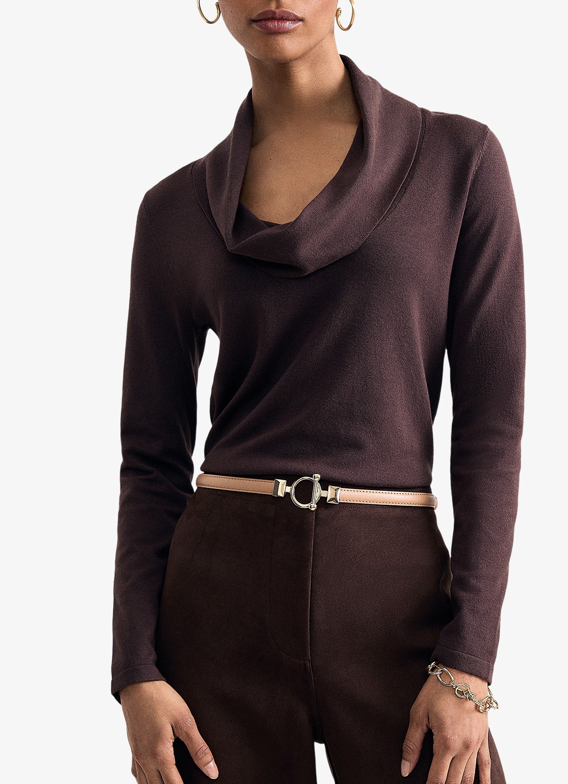 Phase Eight Lottie fijngebreide trui met gedrapeerde col - detail bruin