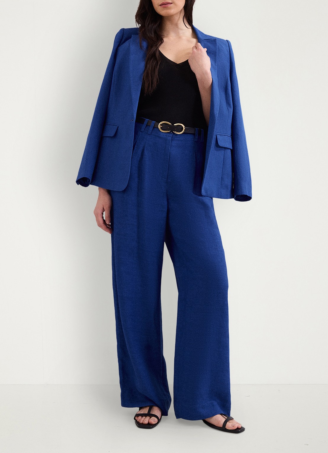Phase Eight Lottie high waist wide leg pantalon in linnenblend - voorkant 8 kobaltblauw