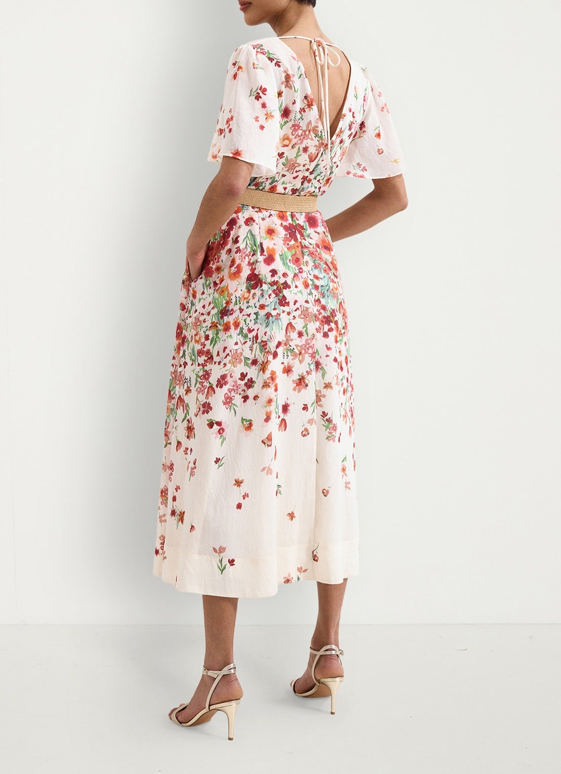 Phase Eight Lovette midi jurk in linnenblend met bloemenprint - achterkant 3 cream