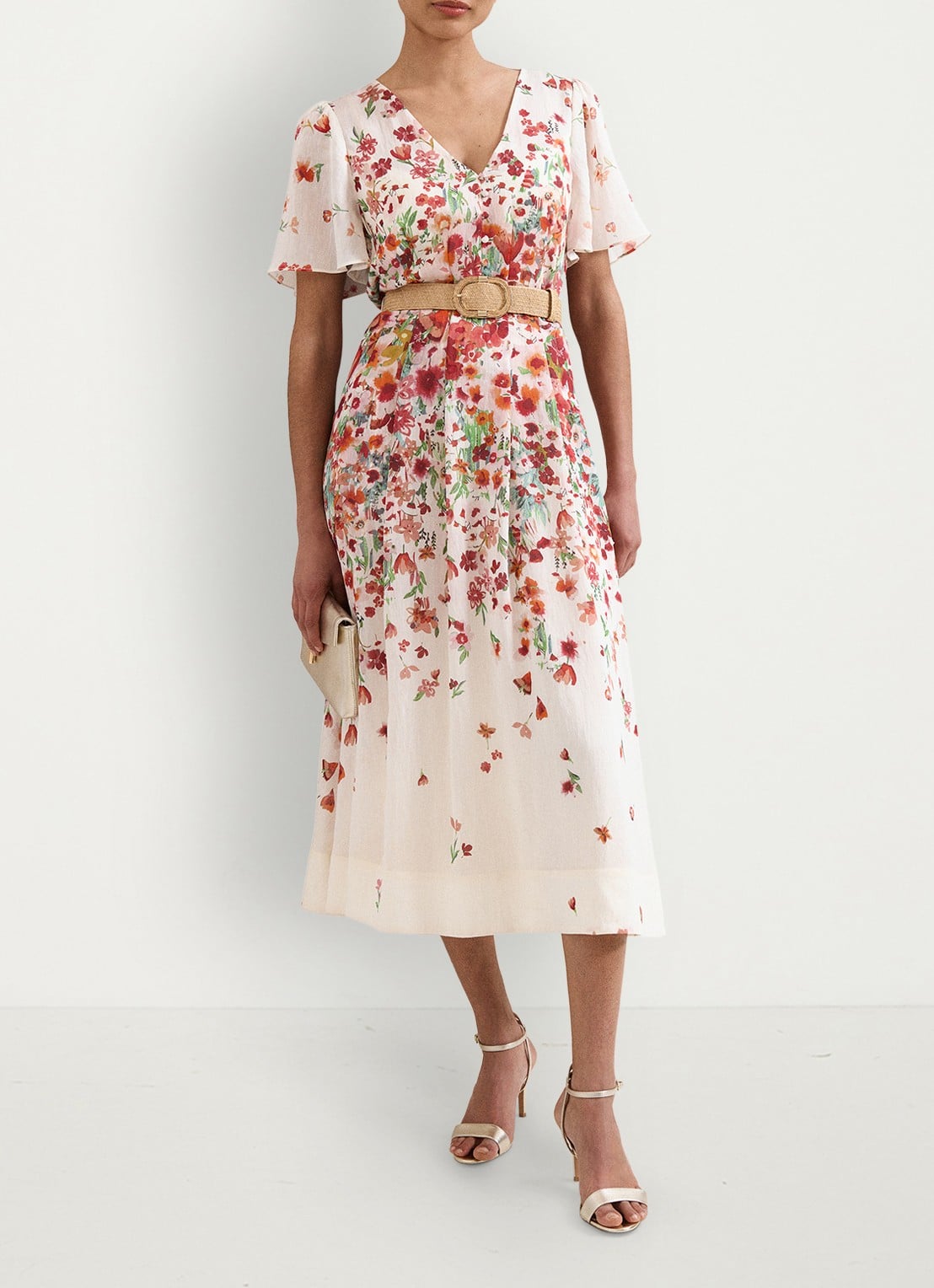 Phase Eight Lovette midi jurk in linnenblend met bloemenprint - voorkant 2 cream