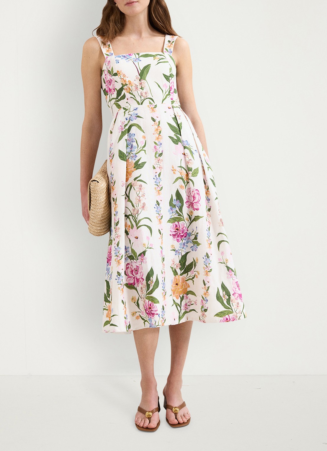Phase Eight Lucia midi jurk in linnenblend met bloemenprint - voorkant 2 gebroken wit