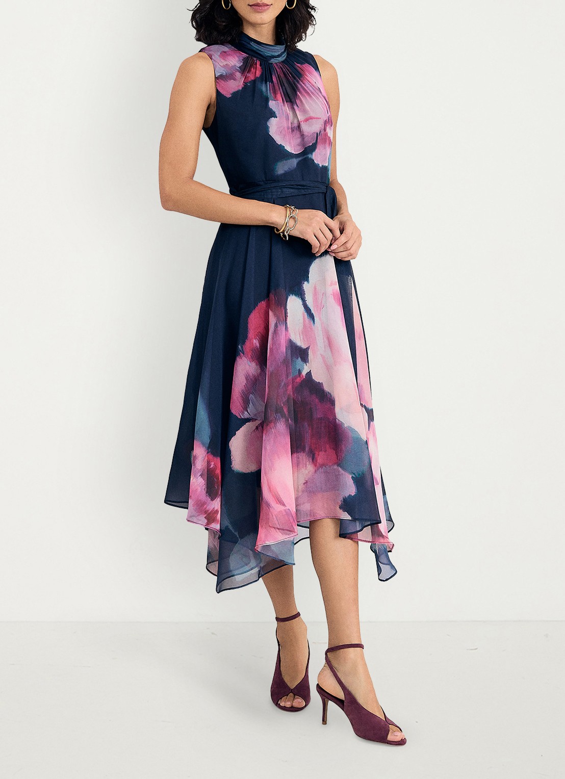 Phase Eight Lucinda midi jurk met bloemenprint en ruches - voorkant 2 blauw
