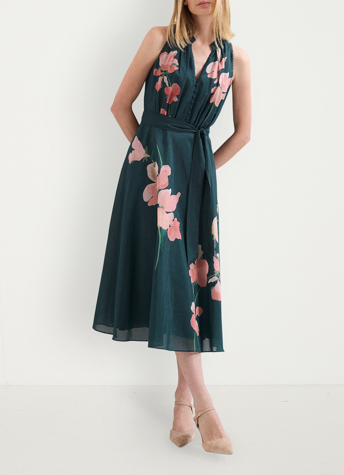 Phase Eight Lucinda midi jurk met bloemenprint - voorkant 3 zeegroen