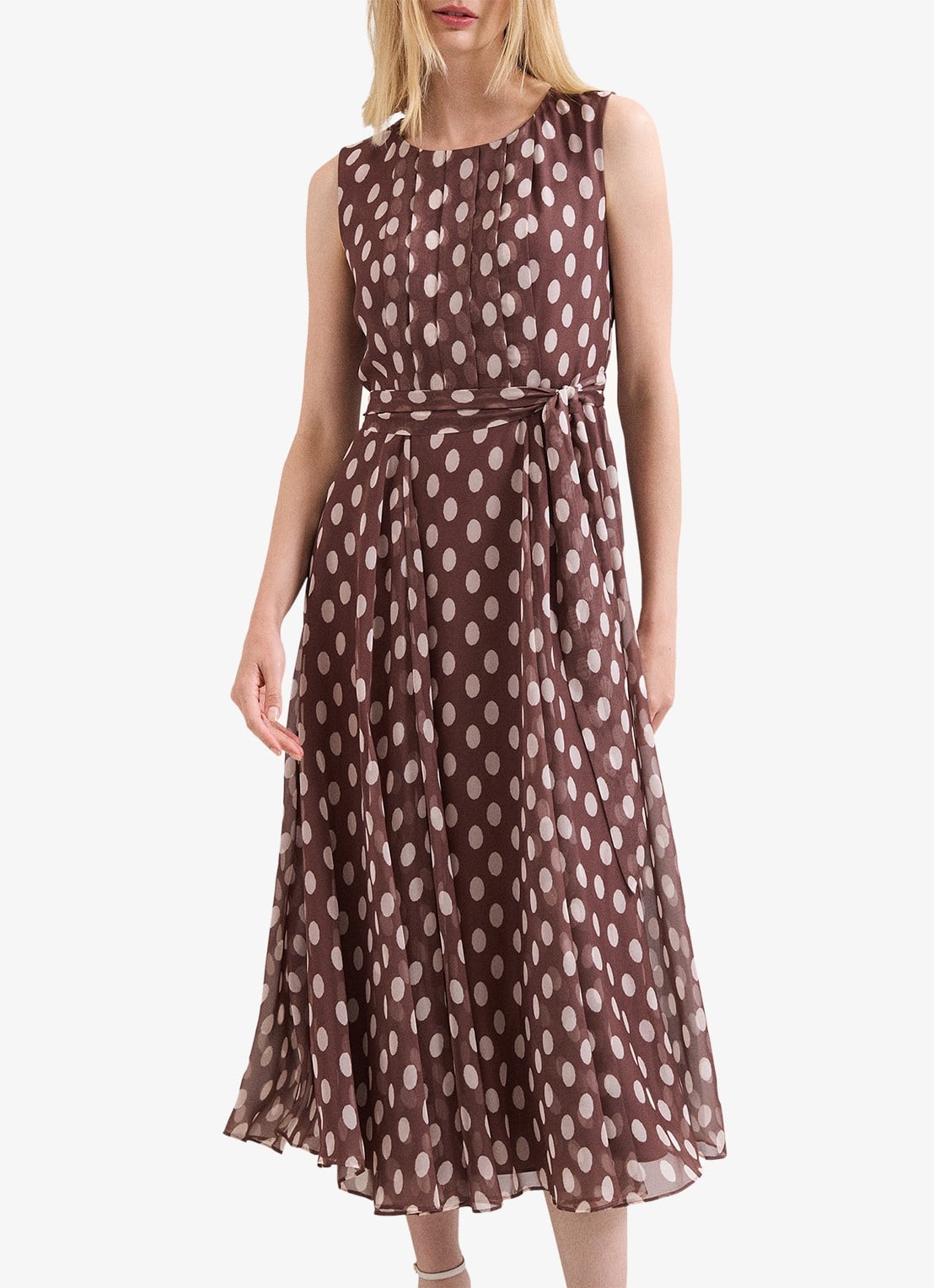 Phase Eight Lucinda midi jurk met stippenprint en plooien  - detail 4 bruin