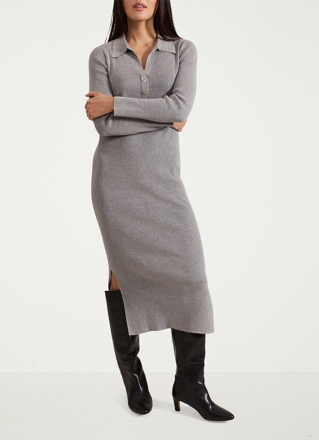 Phase Eight Lucy midi jurk met ribstructuur en split - detail 4 grijs