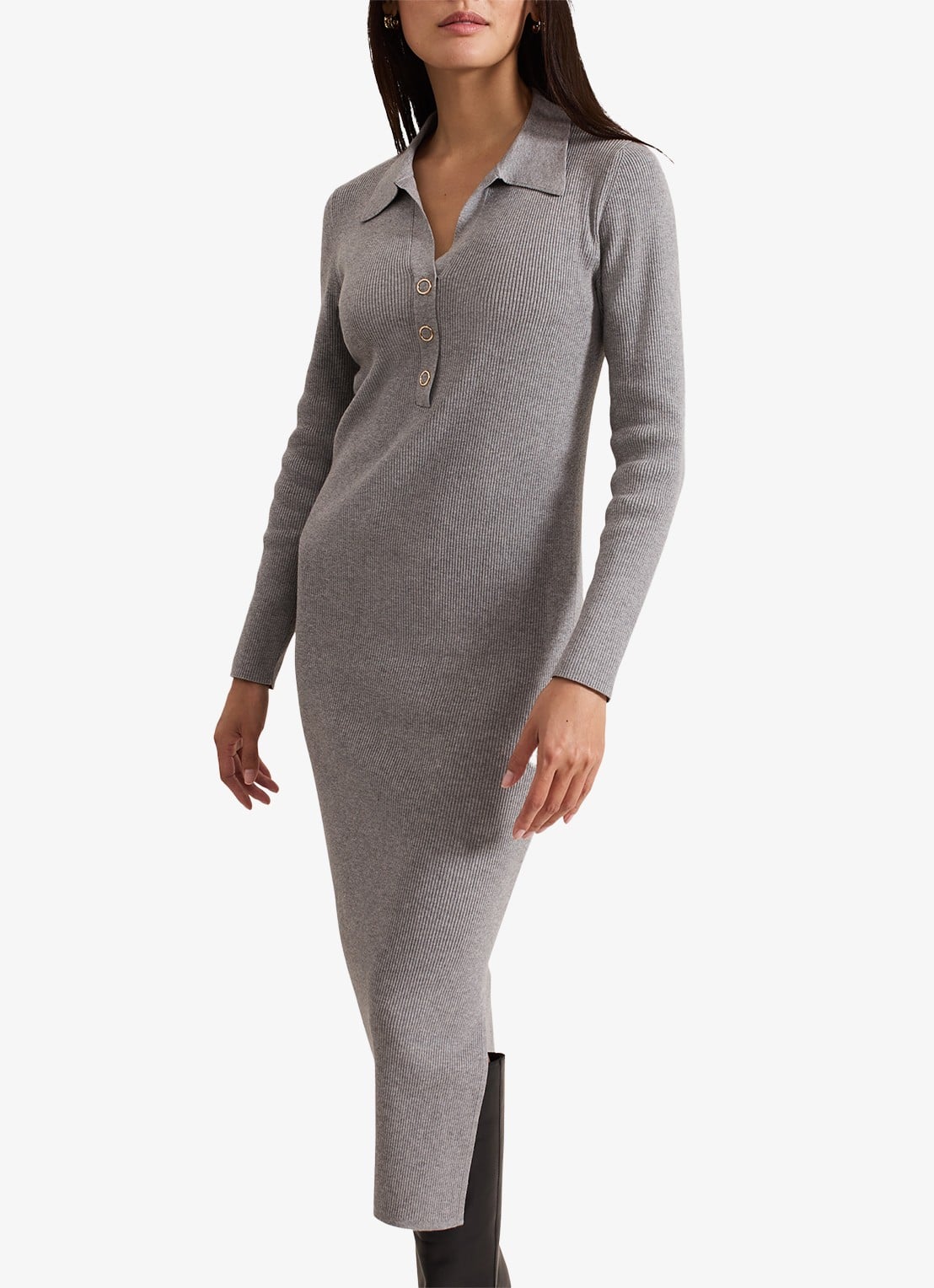 Phase Eight Lucy midi jurk met ribstructuur en split - voorkant 3 grijs