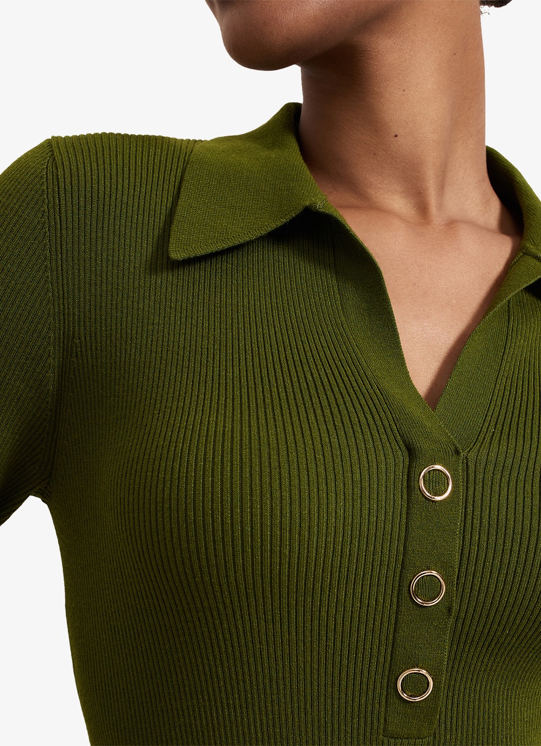 Phase Eight Lucy ribgebreide midi jurk met kraag - detail 5 olijfgroen