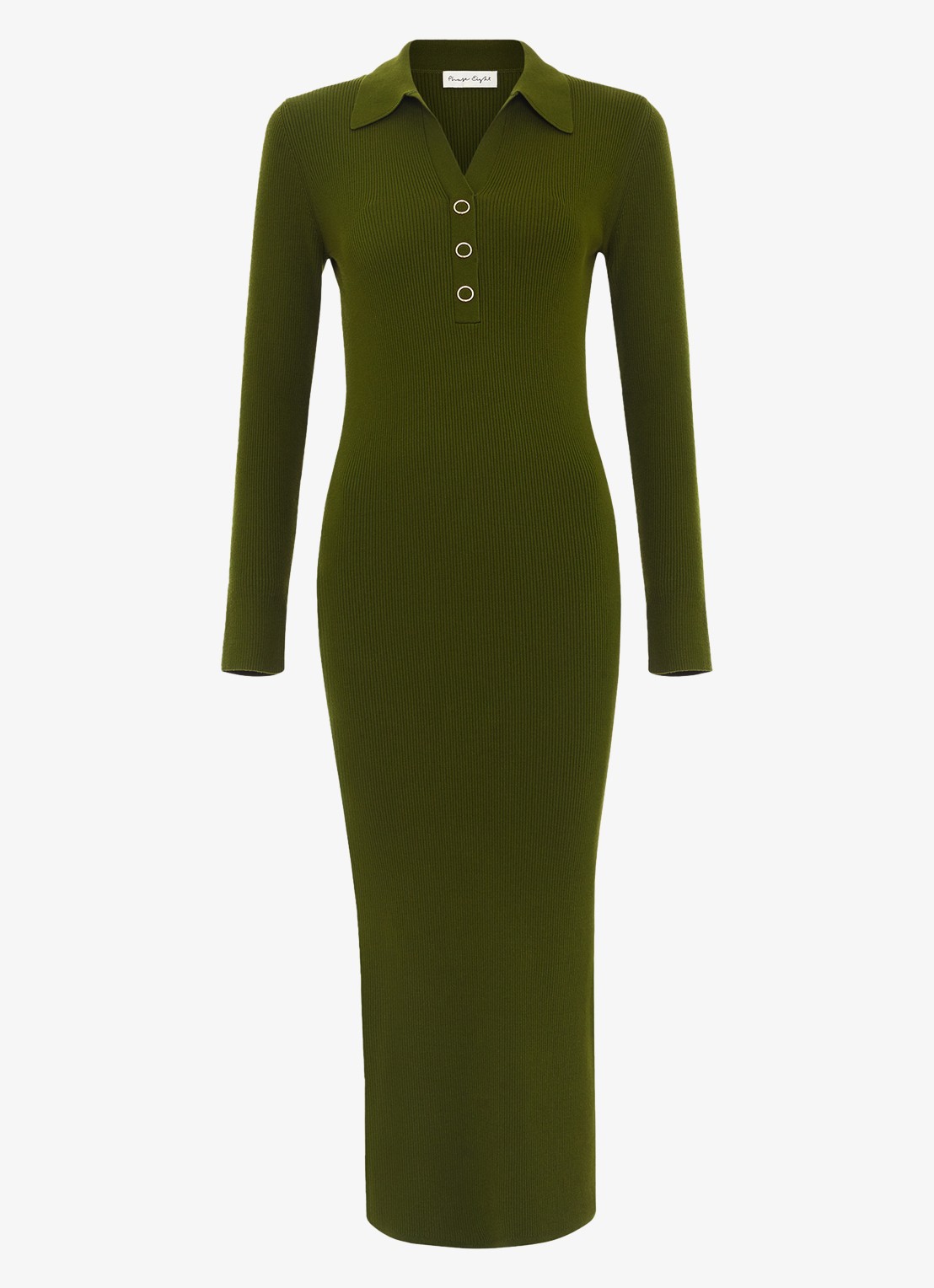 Phase Eight Lucy ribgebreide midi jurk met kraag - voorkant 2 olijfgroen