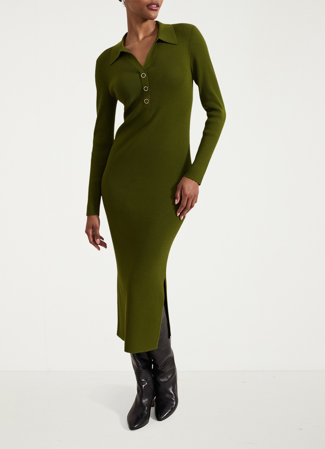 Phase Eight Lucy ribgebreide midi jurk met kraag - voorkant 3 olijfgroen