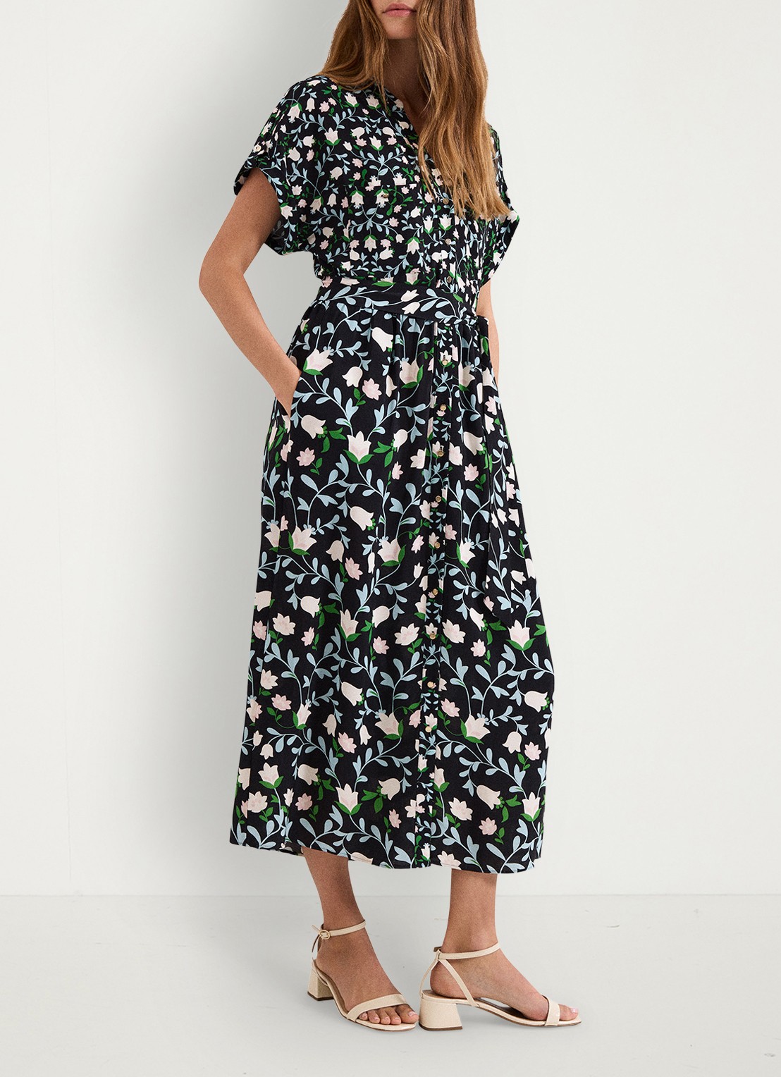 Phase Eight Luisa midi jurk met steekzakken en bloemenprint - detail 4 zwart