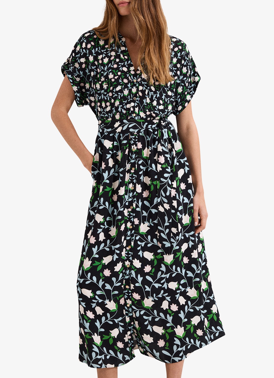 Phase Eight Luisa midi jurk met steekzakken en bloemenprint - voorkant 3 zwart