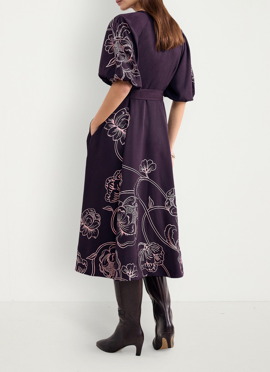 Phase Eight Mabel midi jurk met grafische print - achterkant 6 paars