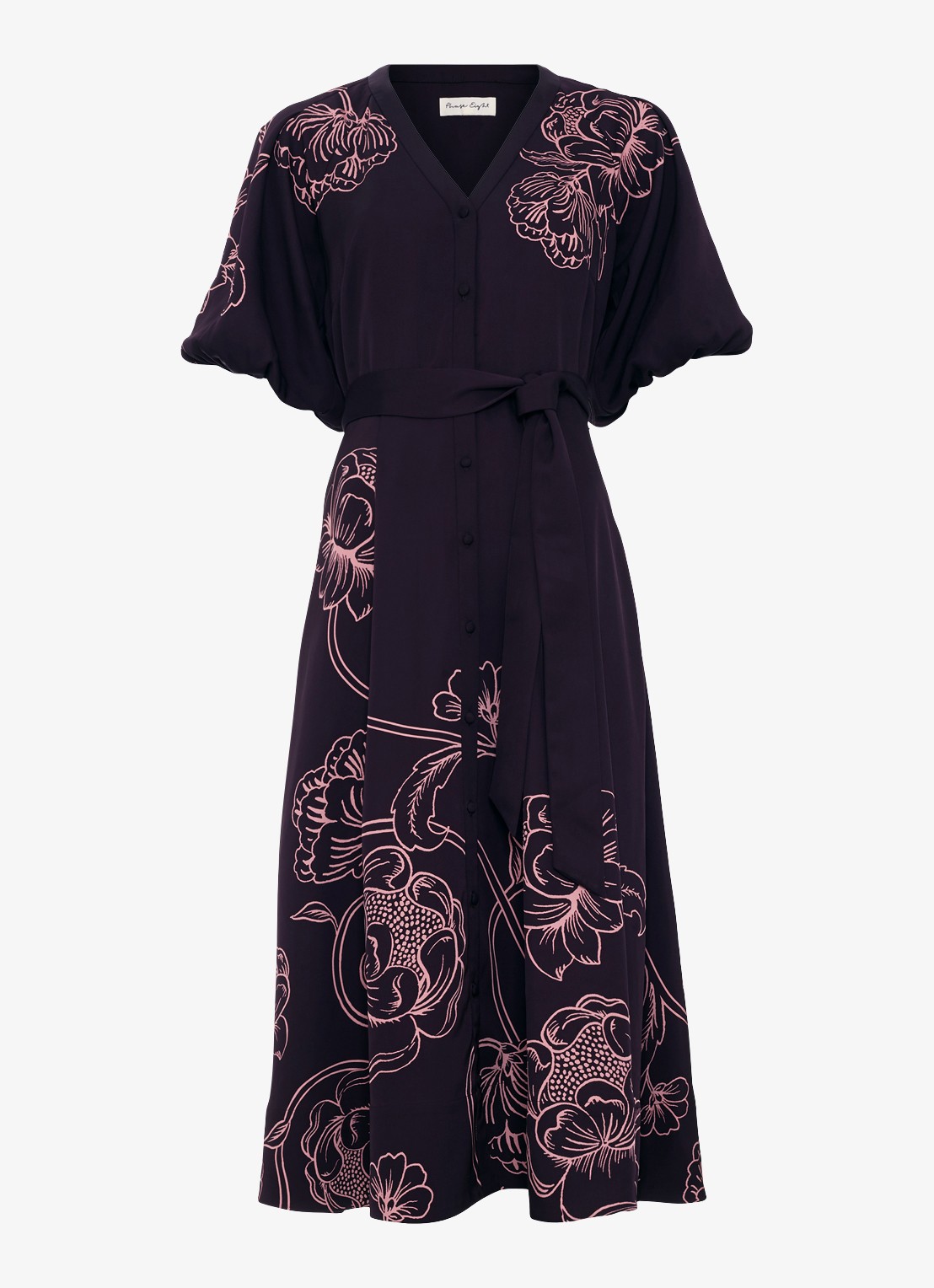 Phase Eight Mabel midi jurk met grafische print - voorkant 7 paars