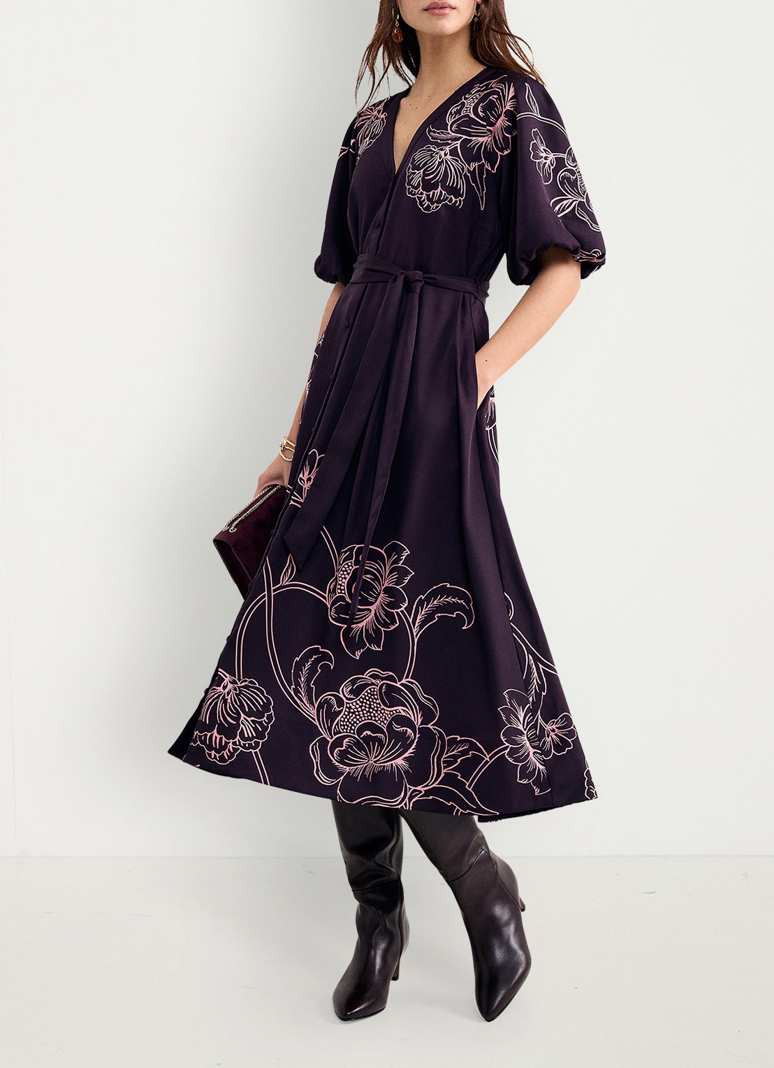 Phase Eight Mabel midi jurk met grafische print - voorkant 8 paars