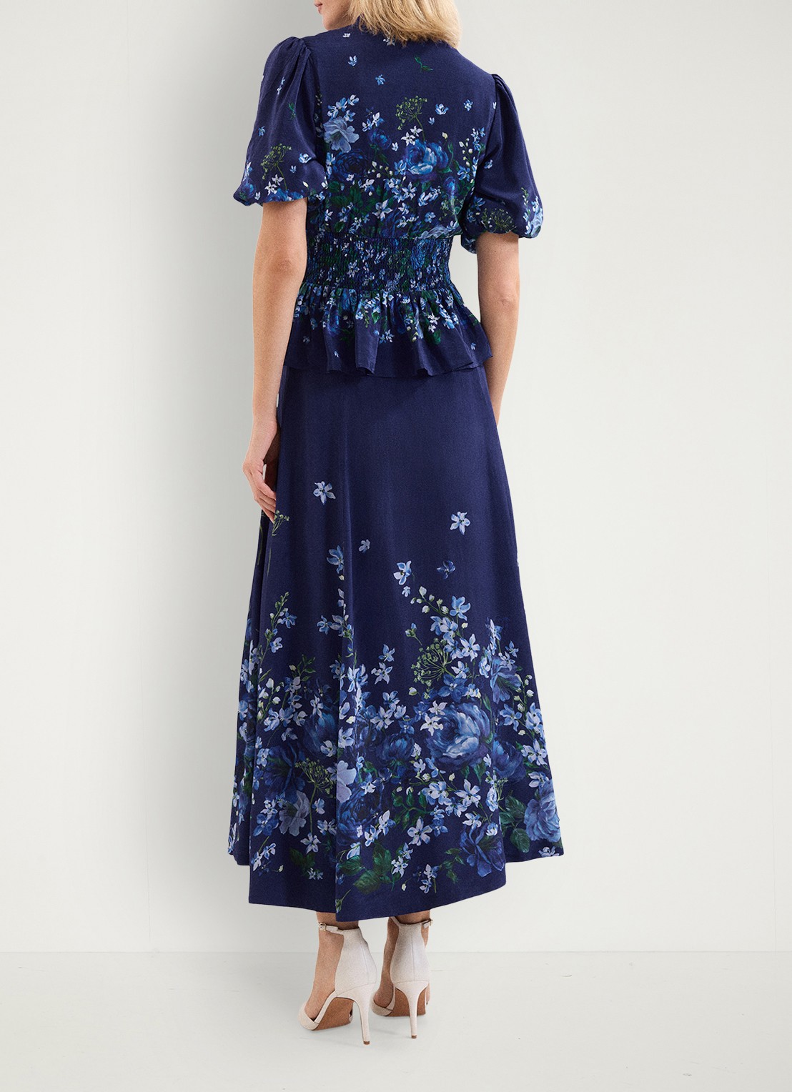 Phase Eight Maeve midi rok met bloemenprint - achterkant donkerblauw