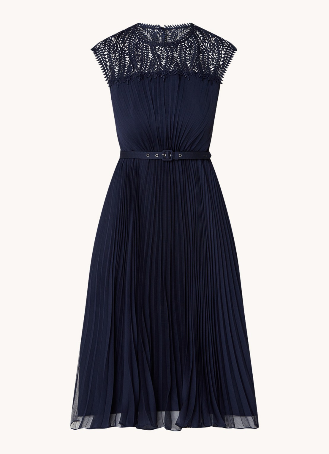 Phase Eight Makaela midi jurk met plissé en ceintuur  - voorkant 2 donkerblauw