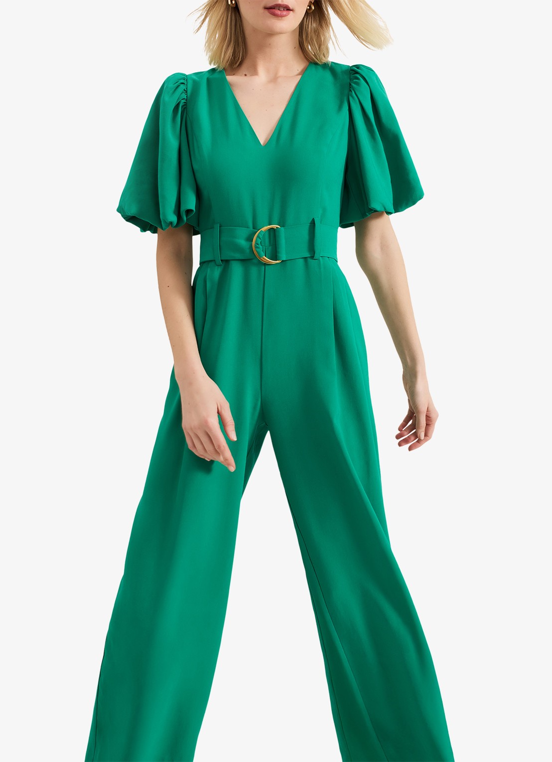 Phase Eight Margot wide fit jumpsuit met ceintuur en V-hals - detail groen
