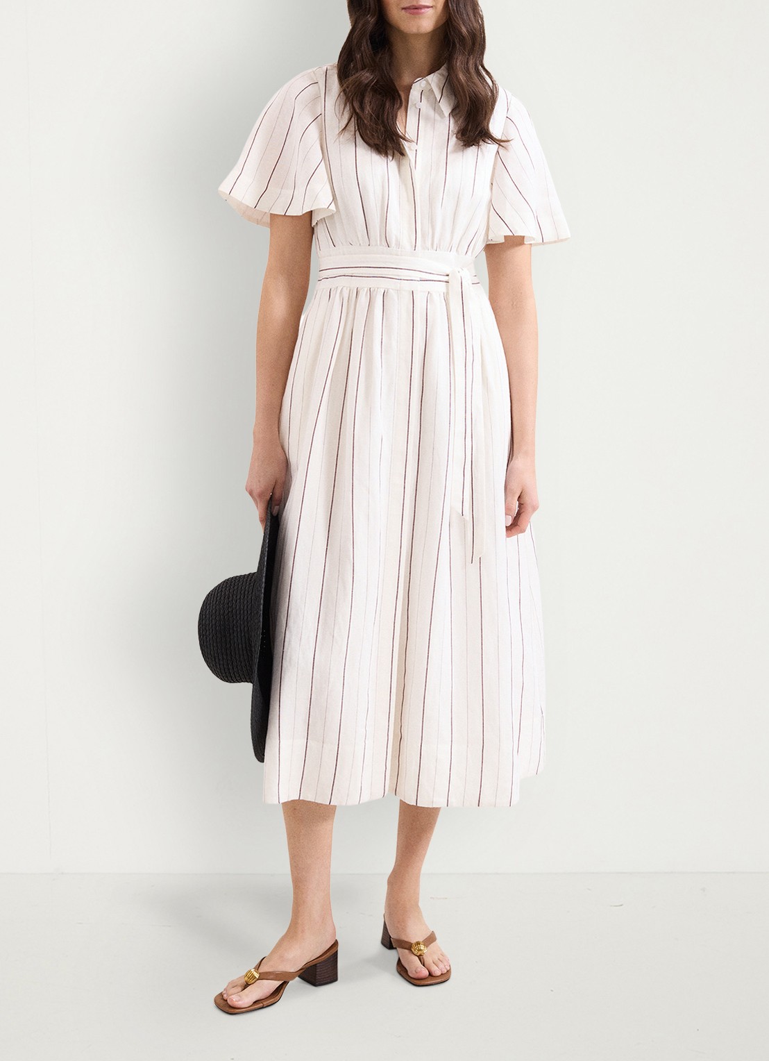 Phase Eight Marielle midi jurk in linnenblend met streepprint - voorkant 3 wit