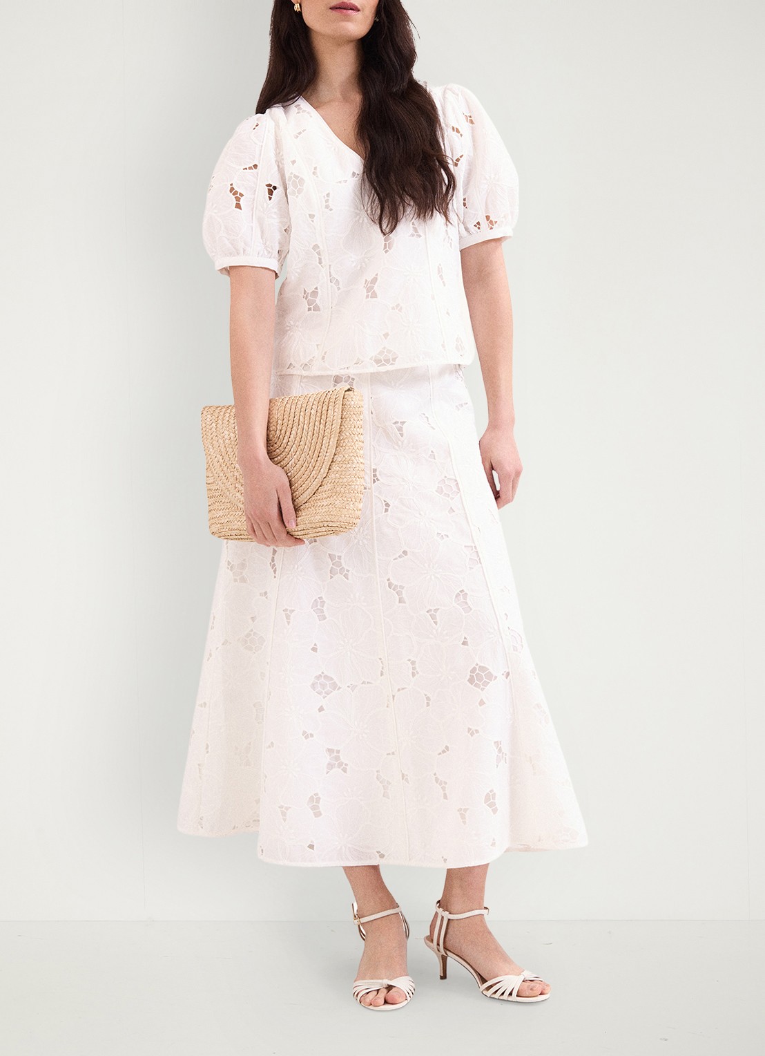 Phase Eight Marina maxi rok met broderie - voorkant 8 ivoor