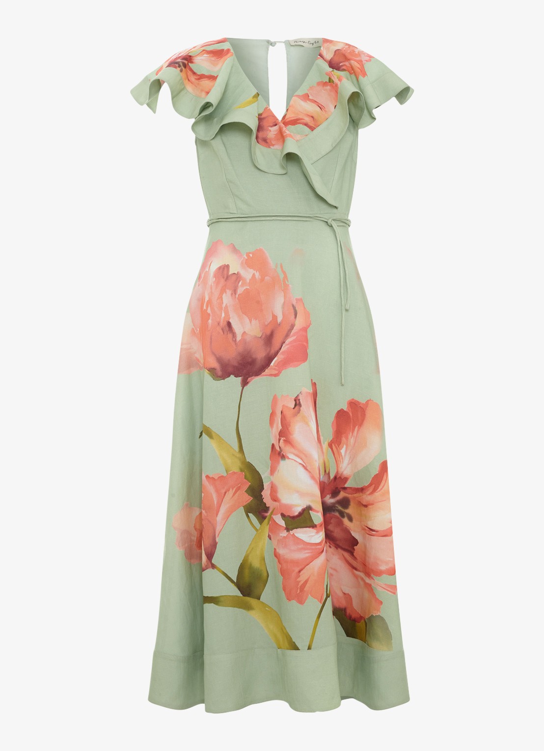 Phase Eight Matilda midi jurk in linnenblend met bloemenprint - voorkant groen