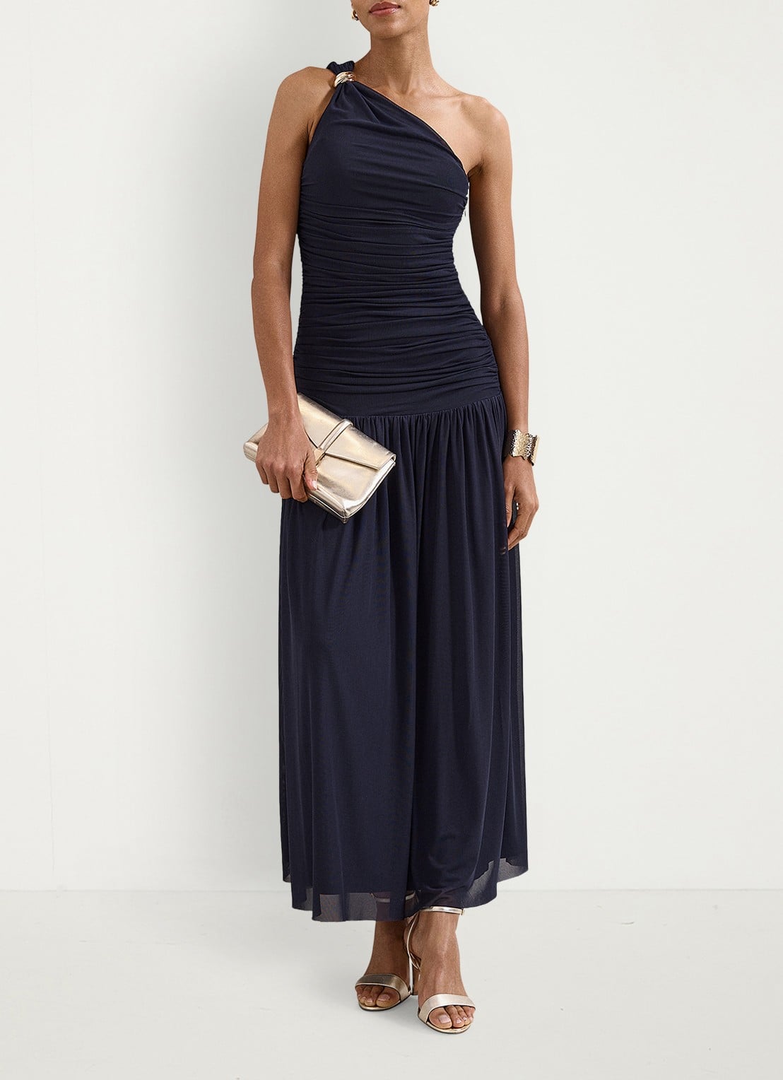 Phase Eight Melina one shoulder maxi jurk met plooidetail - voorkant 3 blauw