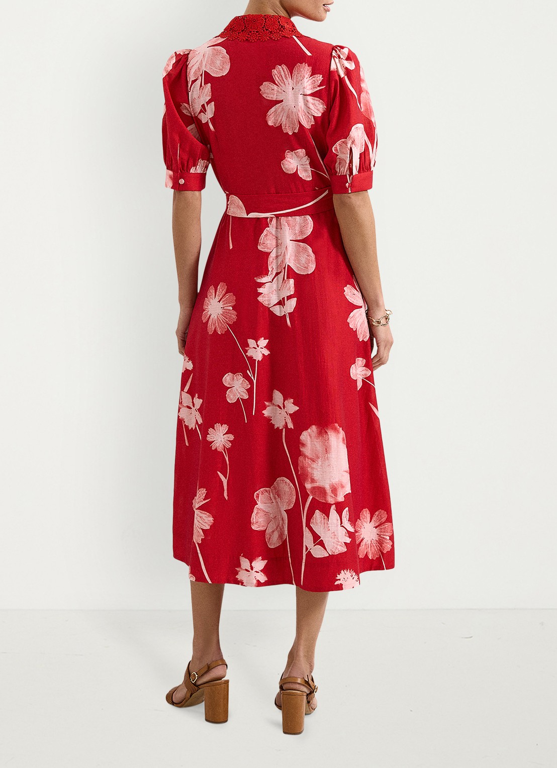 Phase Eight Midi jurk met bloemenprint en strikceintuur - achterkant rood