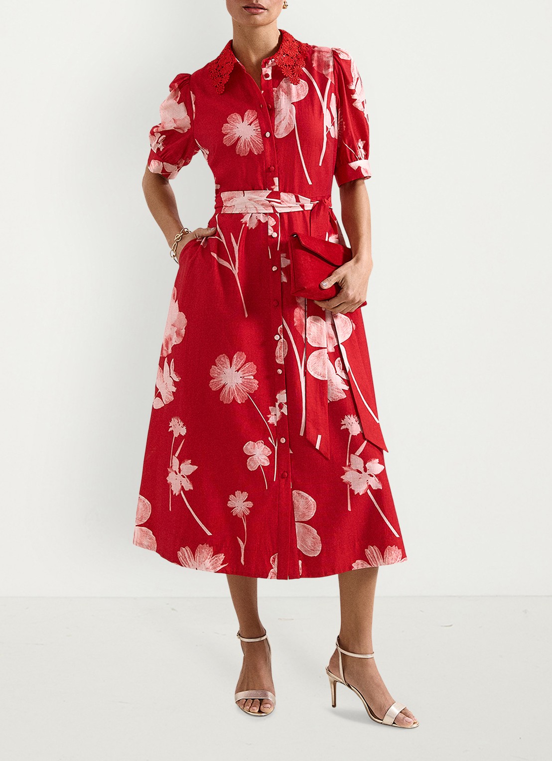 Phase Eight Midi jurk met bloemenprint en strikceintuur - detail 7 rood