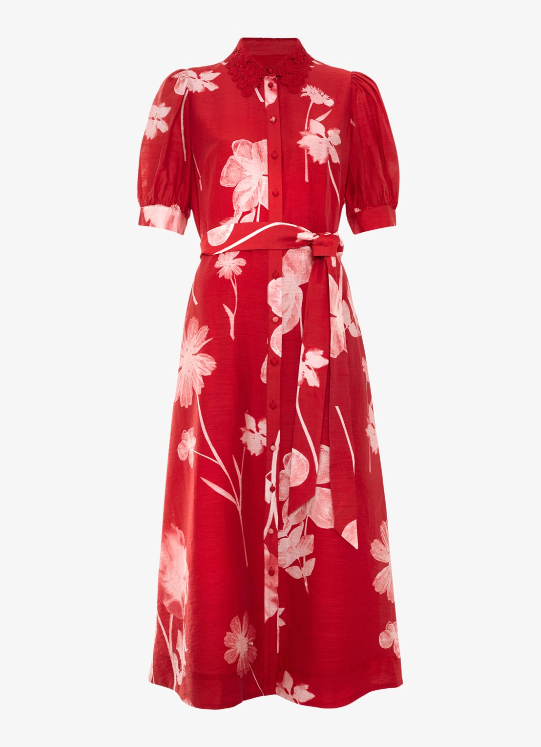 Phase Eight Midi jurk met bloemenprint en strikceintuur - voorkant 2 rood