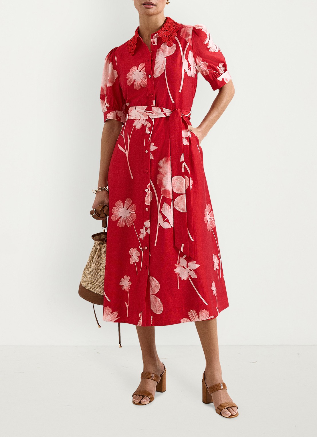 Phase Eight Midi jurk met bloemenprint en strikceintuur - voorkant 3 rood